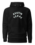 unisex hoodie in black with austin texas in white letters