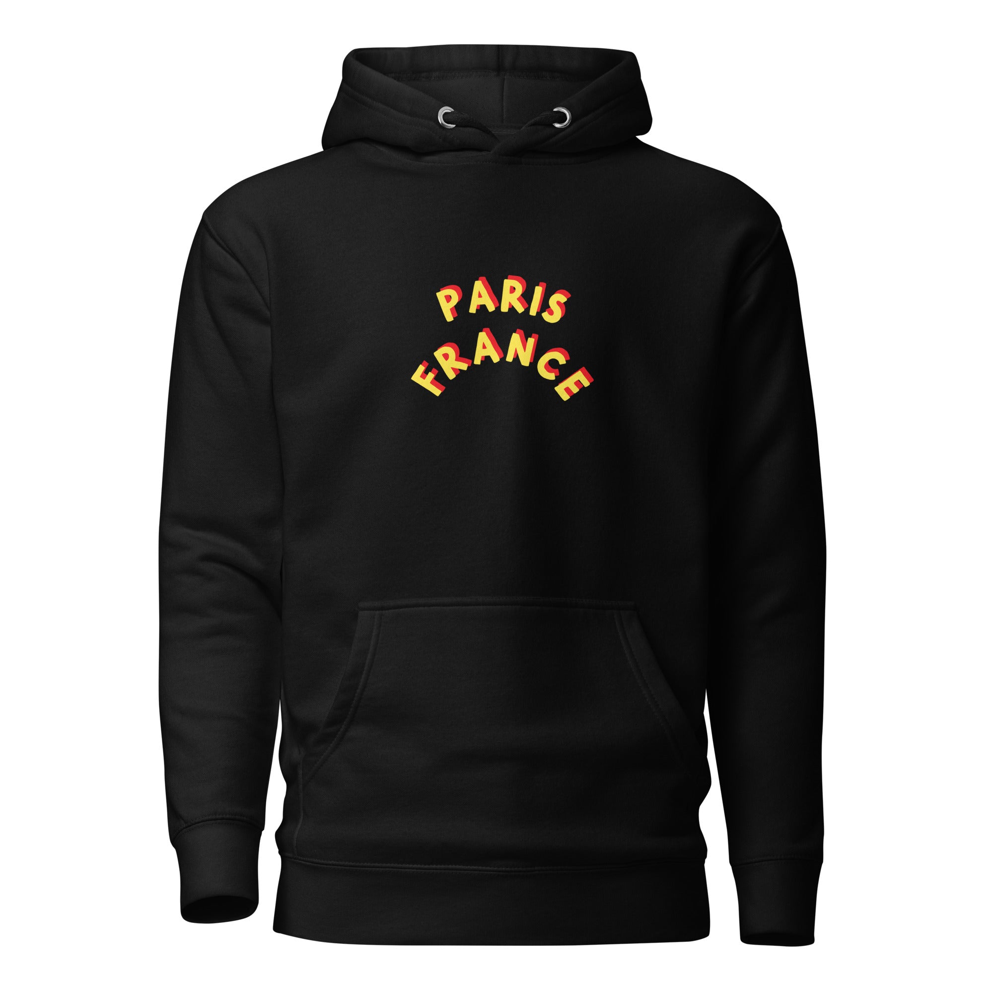 plush black paris hoodie with fun yellow and red font