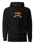 plush black paris hoodie with fun yellow and red font