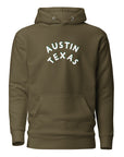 cozy comfort austin texas hoodie in green with white font