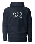 stylish austin hoodie in navy blue with green outline