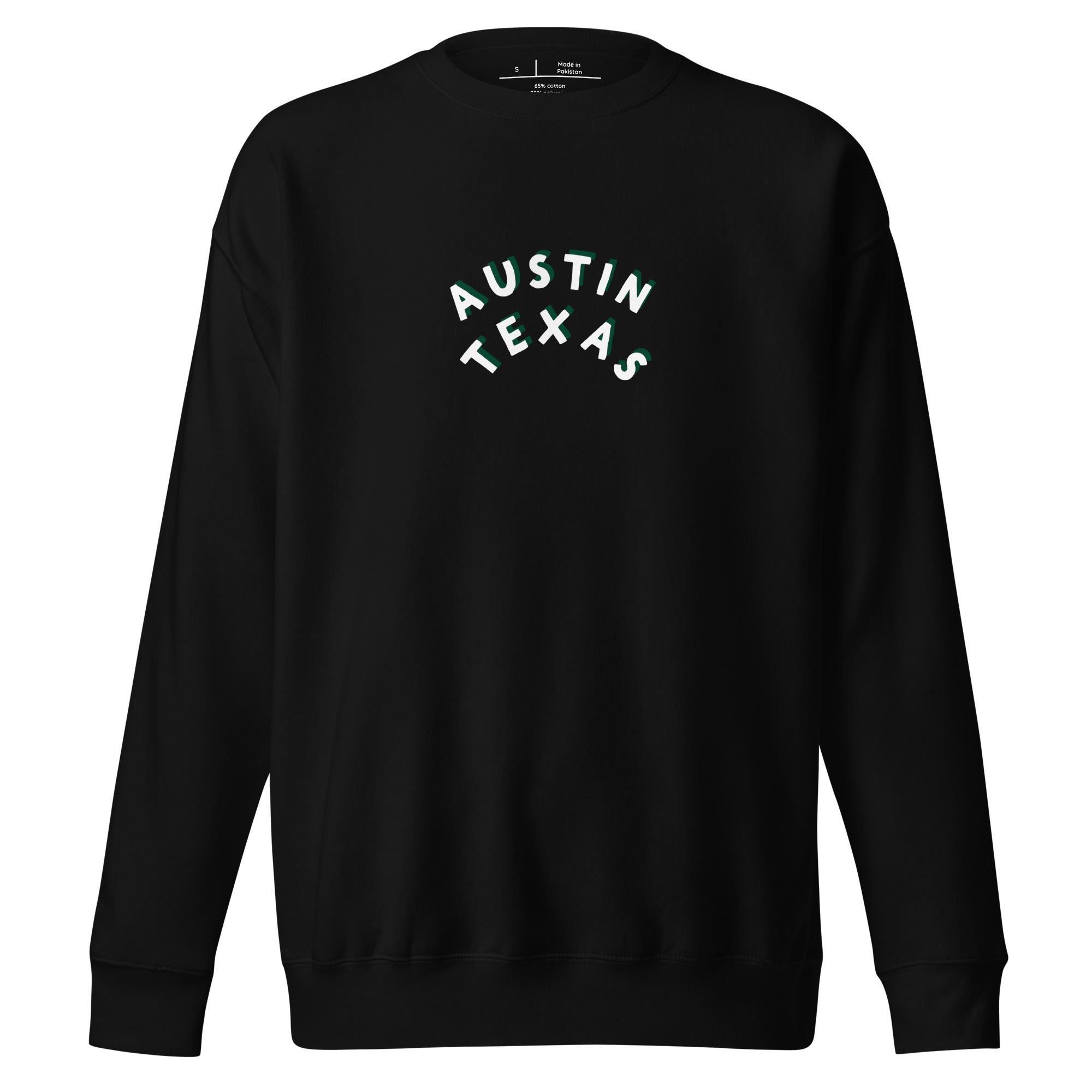 black austin texas sweatshirt with white and green font